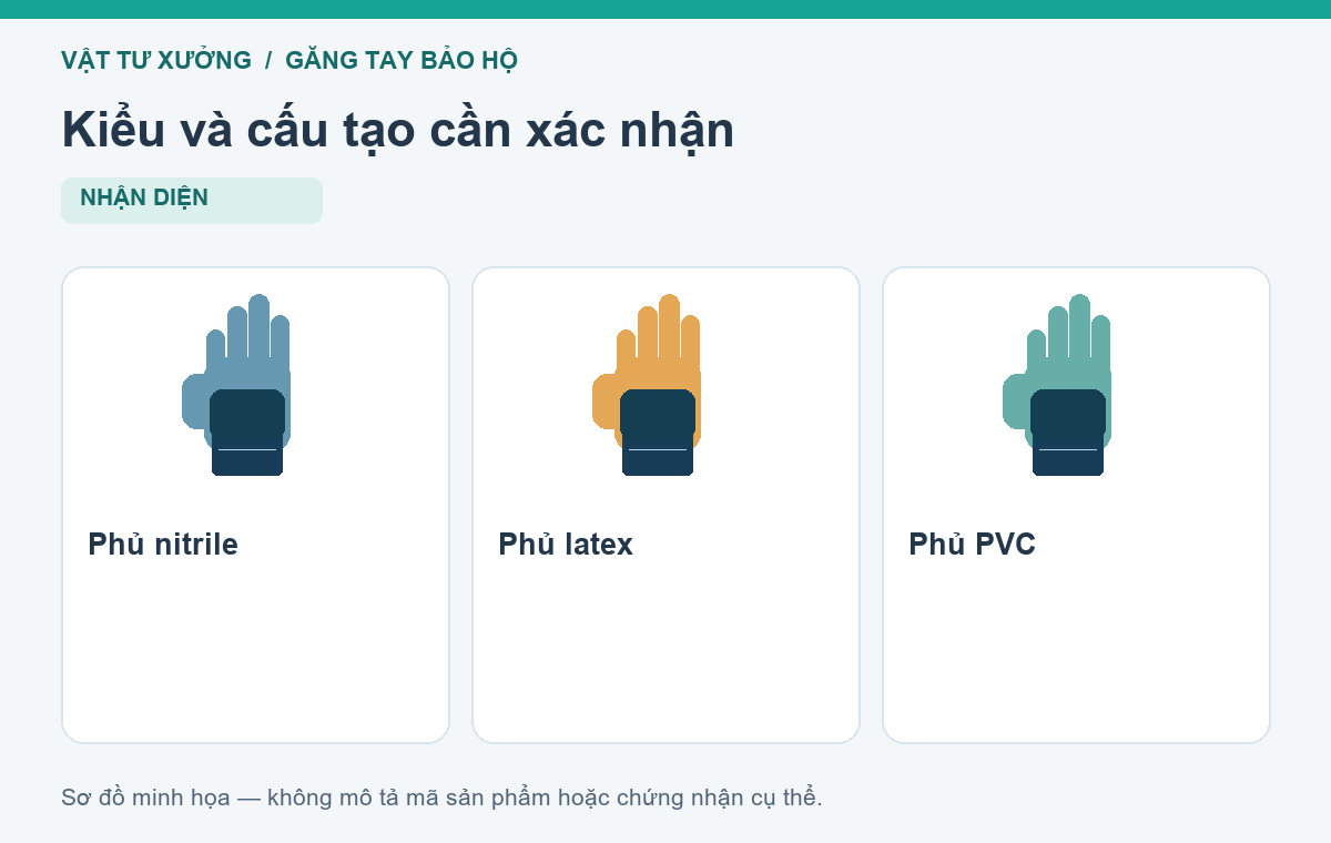 Kiểu và cấu tạo cần xác nhận: Phủ nitrile, Phủ latex, Phủ PVC