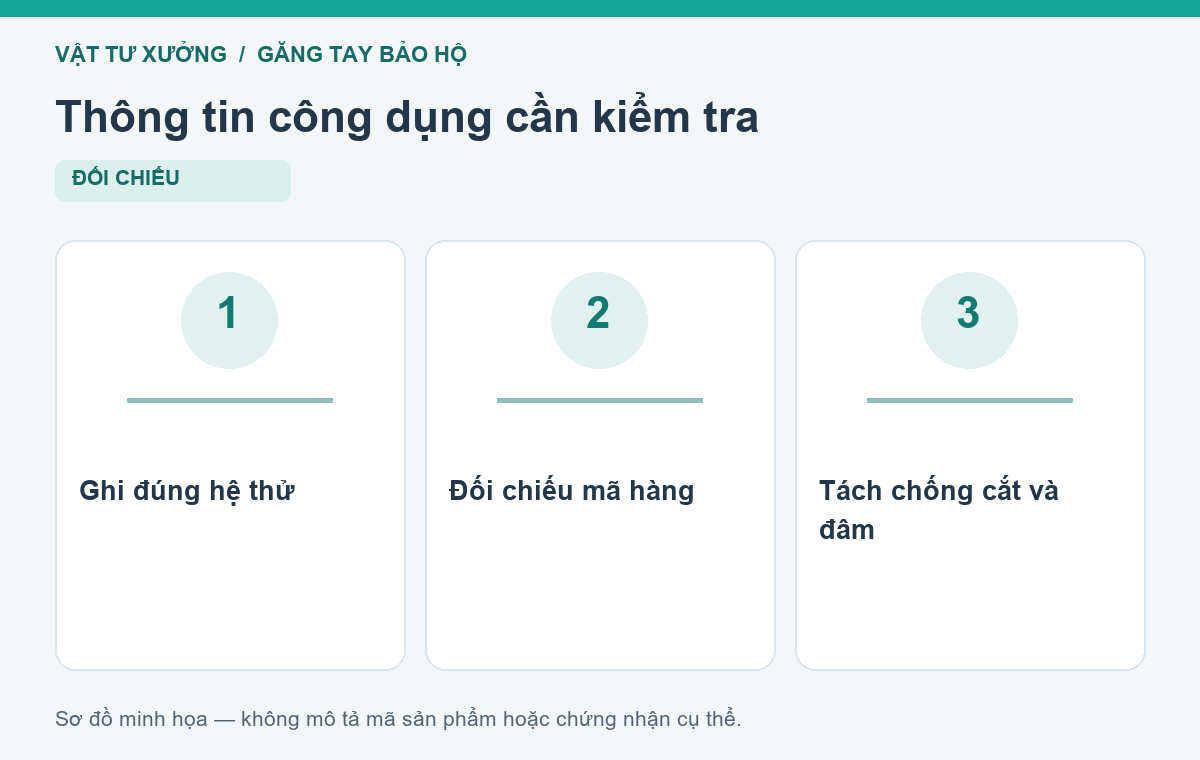 Thông tin công dụng cần kiểm tra: Ghi đúng hệ thử, Đối chiếu mã hàng, Tách chống cắt và đâm