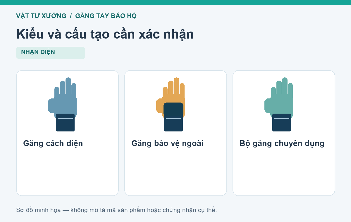 Kiểu và cấu tạo cần xác nhận: Găng cách điện, Găng bảo vệ ngoài, Bộ găng chuyên dụng