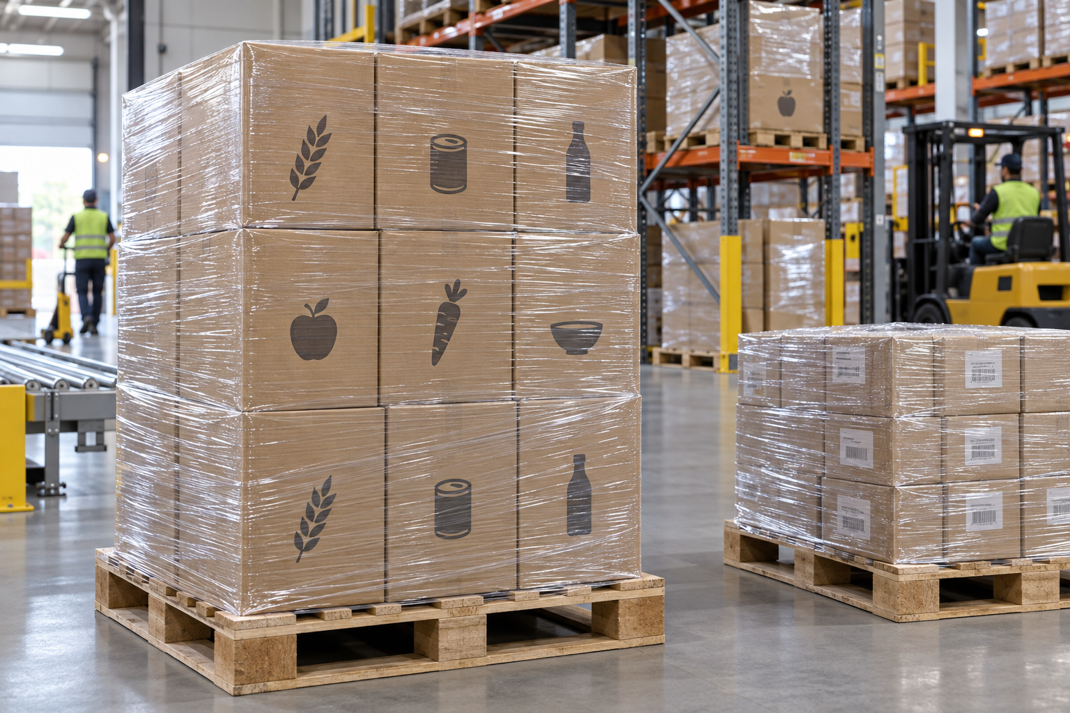 Màng quấn pallet bên ngoài thùng hàng thực phẩm đã đóng gói