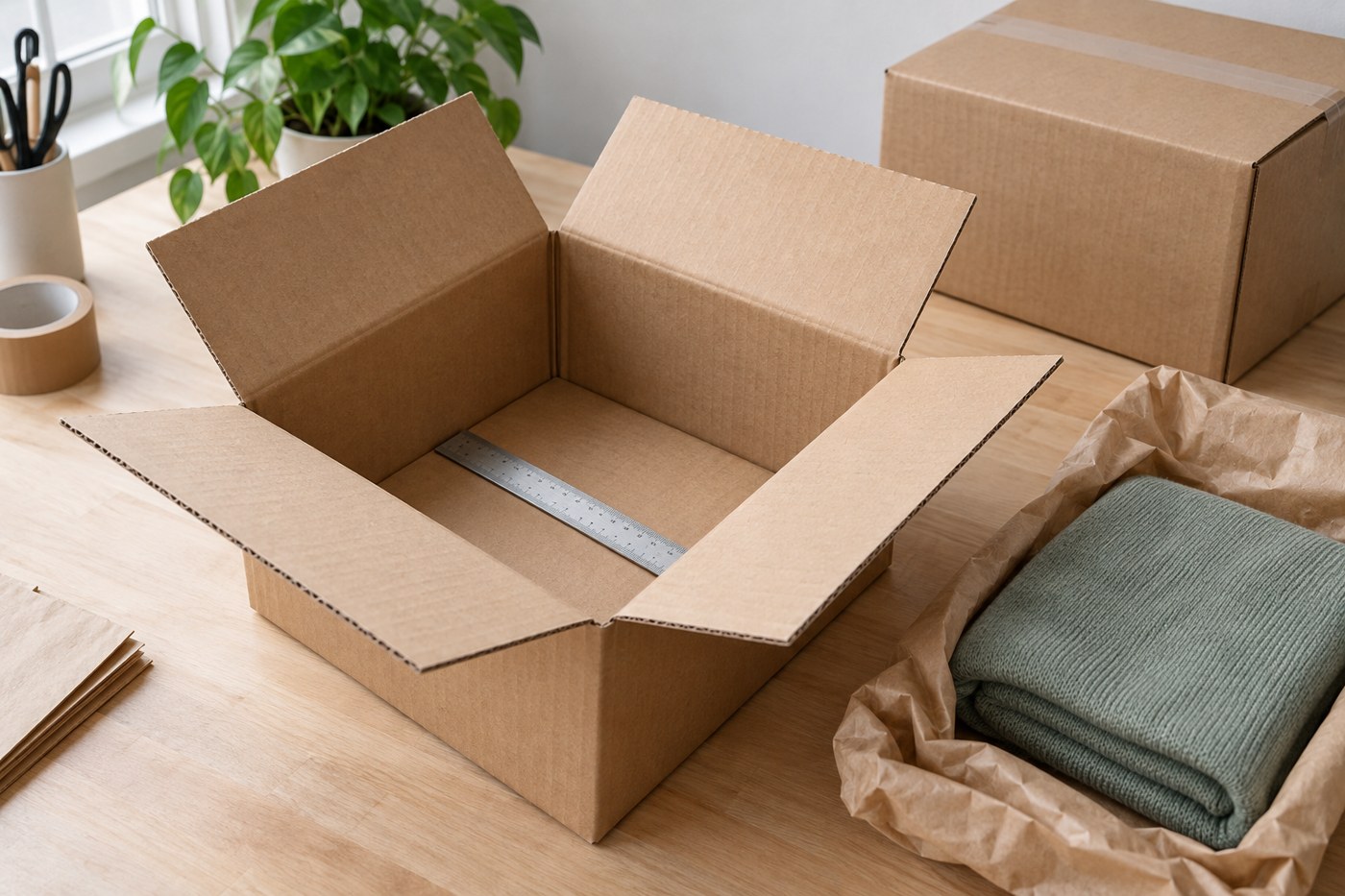 Thùng carton mở trên bàn đóng gói, thước đo và sản phẩm được bọc bảo vệ