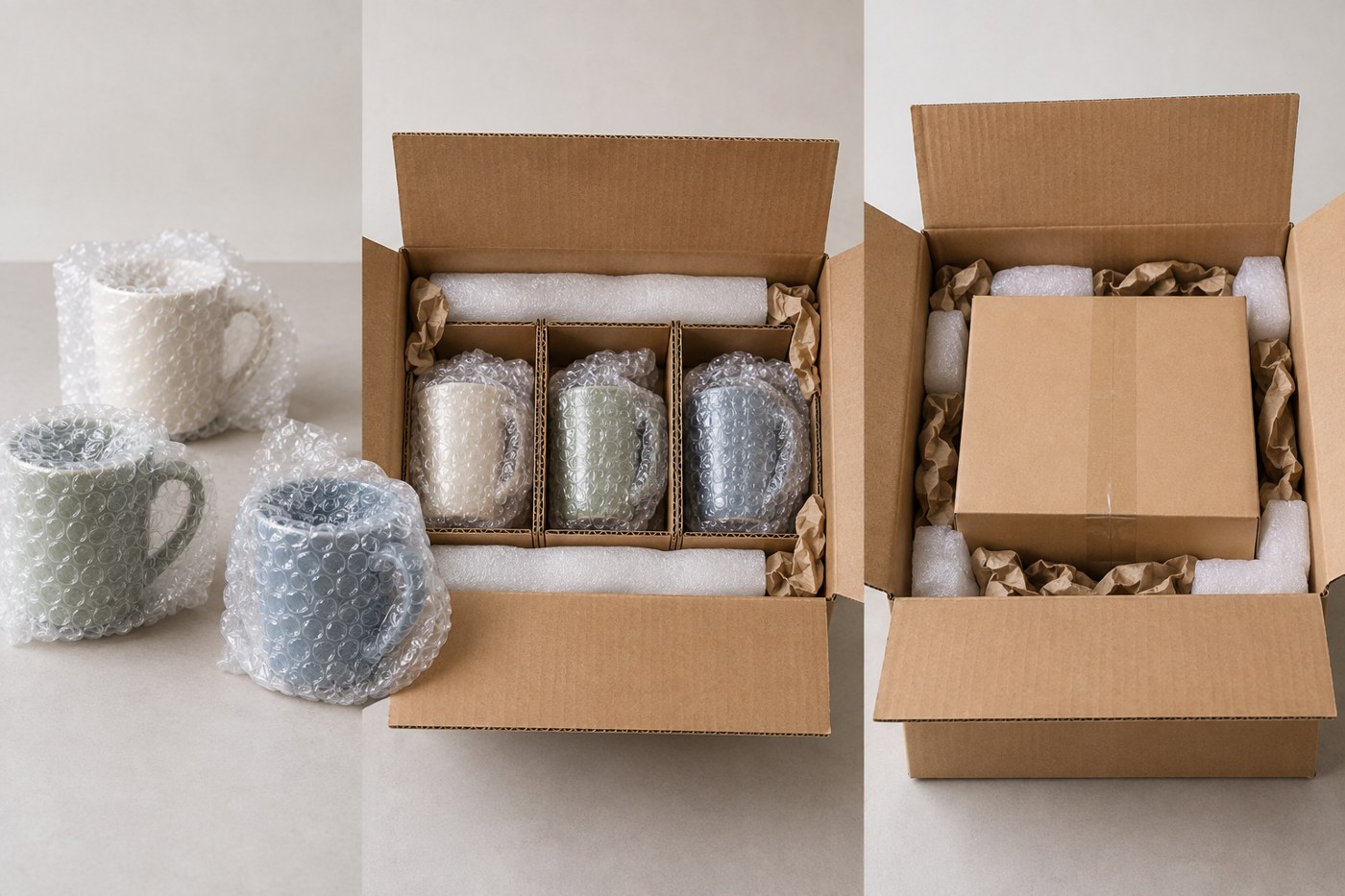 Cốc sứ được bọc riêng và đặt trong vách ngăn carton, có đệm đáy và thành thùng