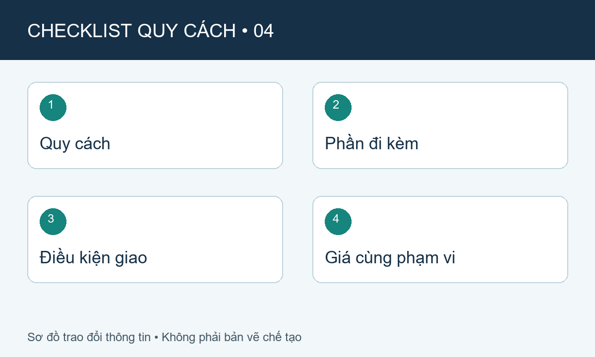 Sơ đồ checklist: Quy cách, Phần đi kèm, Điều kiện giao, Giá cùng phạm vi