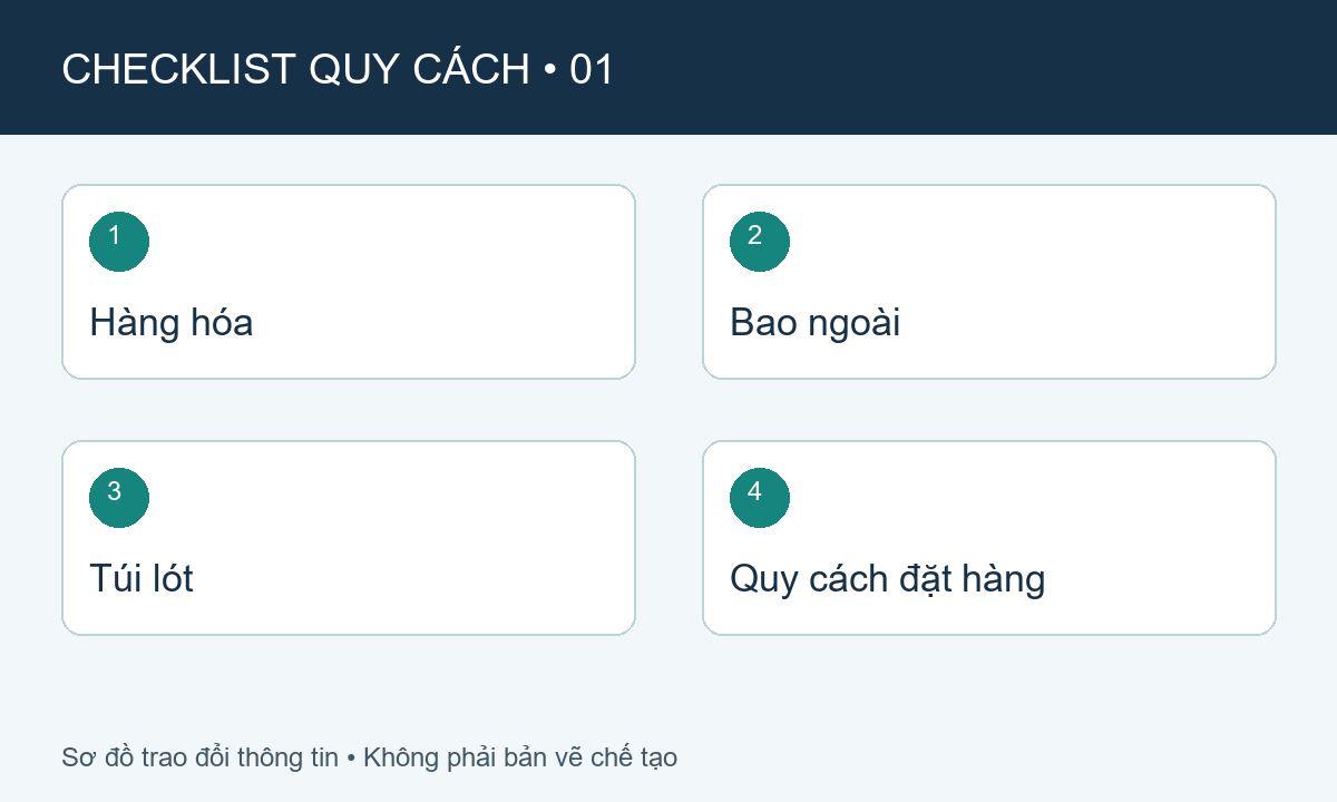 Sơ đồ checklist: Hàng hóa, Bao ngoài, Túi lót, Quy cách đặt hàng