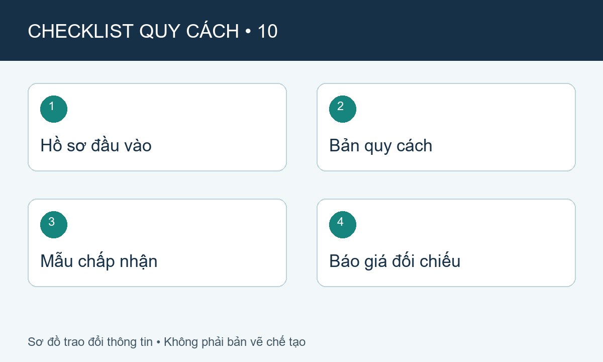 Sơ đồ checklist: Hồ sơ đầu vào, Bản quy cách, Mẫu chấp nhận, Báo giá đối chiếu