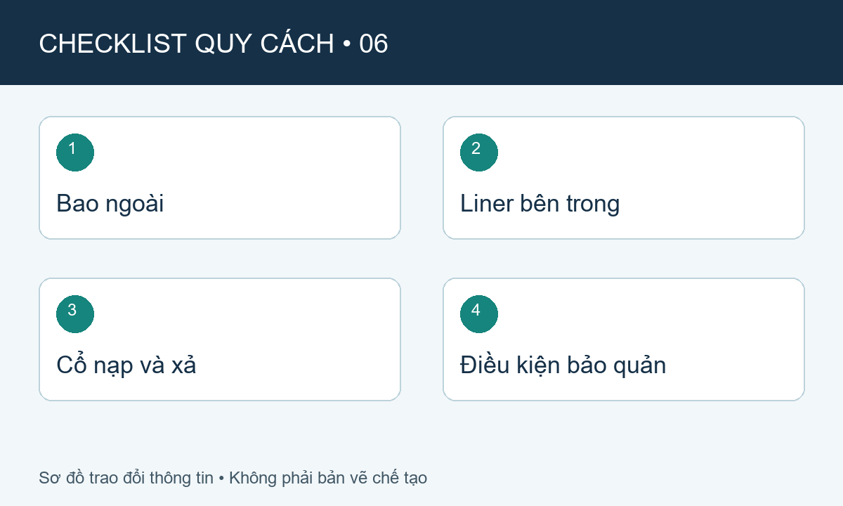 Sơ đồ checklist: Bao ngoài, Liner bên trong, Cổ nạp và xả, Điều kiện bảo quản