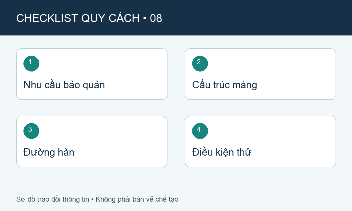 Sơ đồ checklist: Nhu cầu bảo quản, Cấu trúc màng, Đường hàn, Điều kiện thử