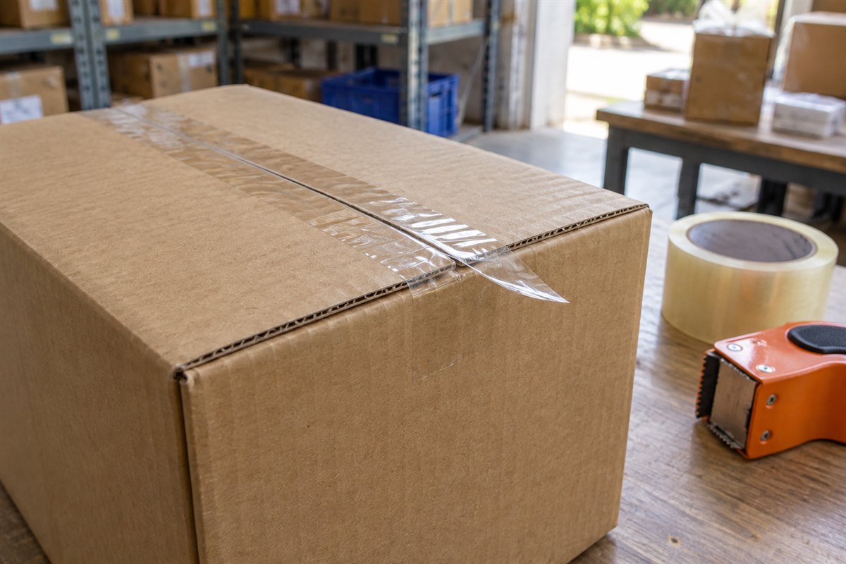 Băng keo trong bong nhẹ ở mép nắp thùng carton trên bàn đóng gói