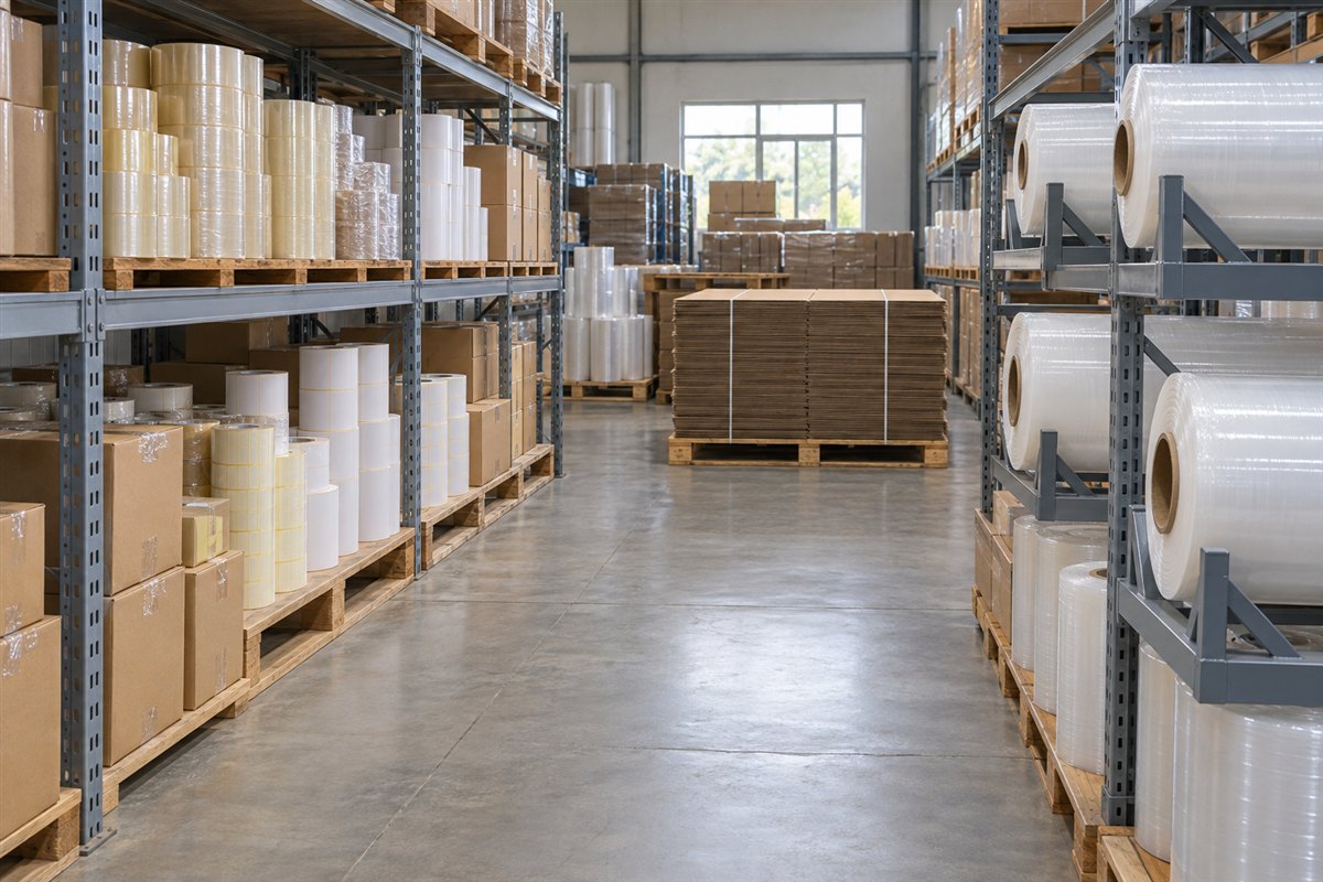 Kho vật tư đóng gói gọn gàng với kệ hàng, cuộn màng có giá đỡ và carton trên pallet