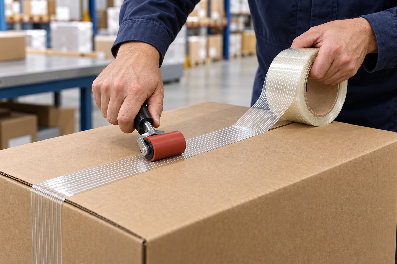 Minh họa dùng con lăn miết băng dính sợi thủy tinh trên đường ghép nắp thùng carton
