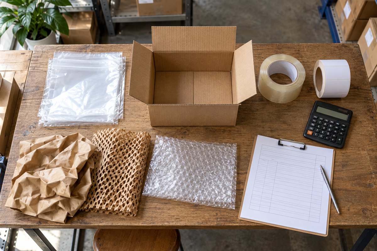 Bàn đóng gói với thùng carton, băng keo, túi trong, tem trắng và máy tính