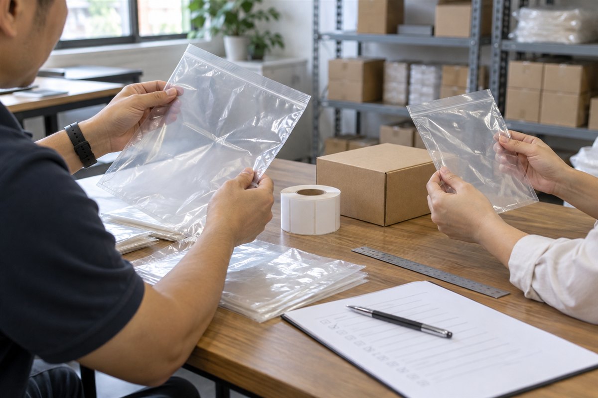 Bàn đối chiếu mẫu túi PE, tem nhãn và hộp carton cùng thước và phiếu kiểm tra