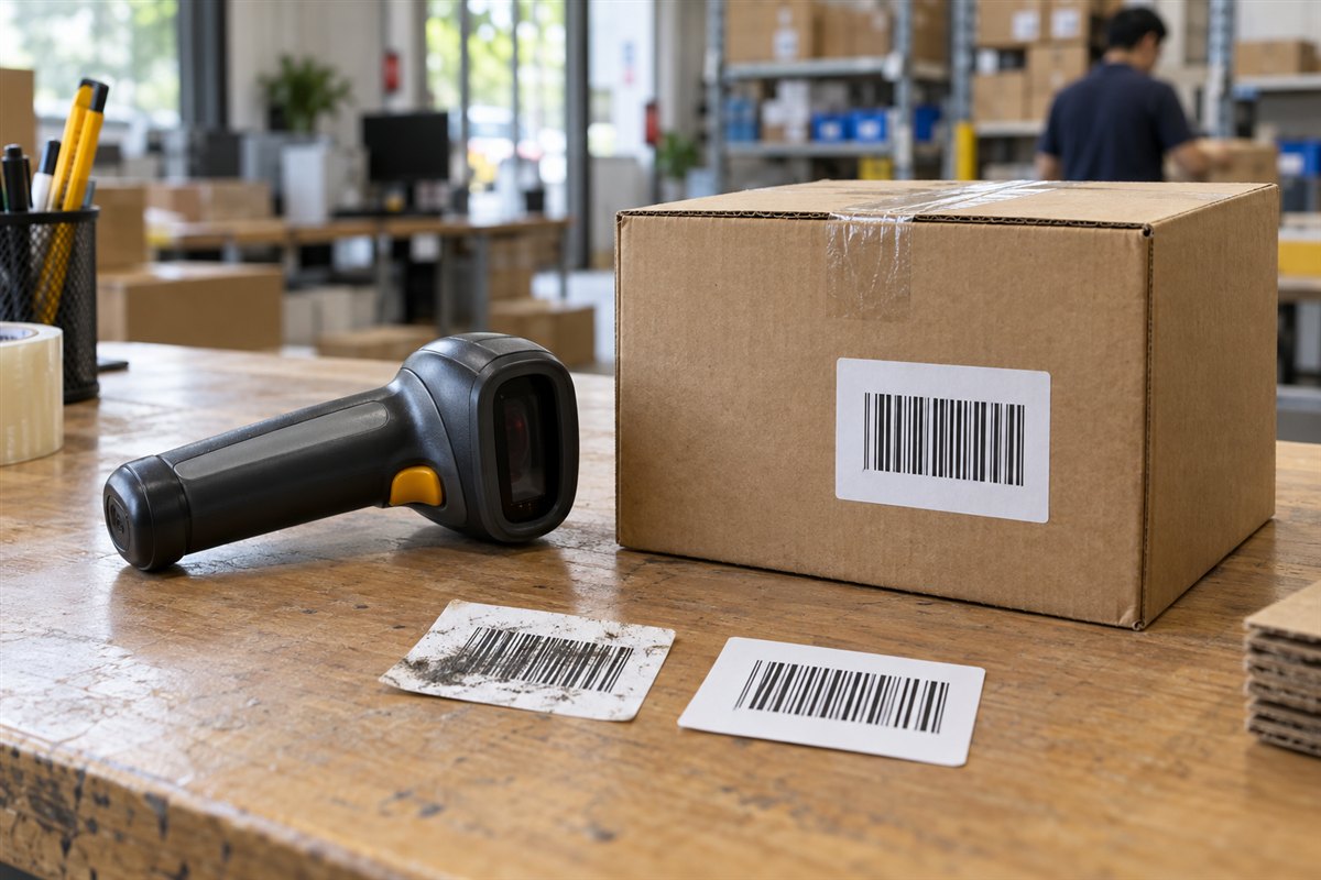 Máy quét cạnh thùng carton và các mẫu tem mã vạch rõ nét, nhòe để đối chiếu