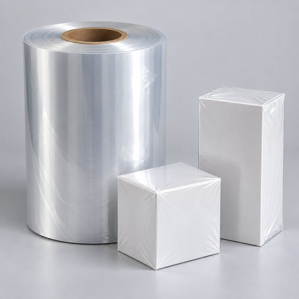 Cuộn màng co PVC trong suốt bên cạnh hộp sản phẩm bọc màng