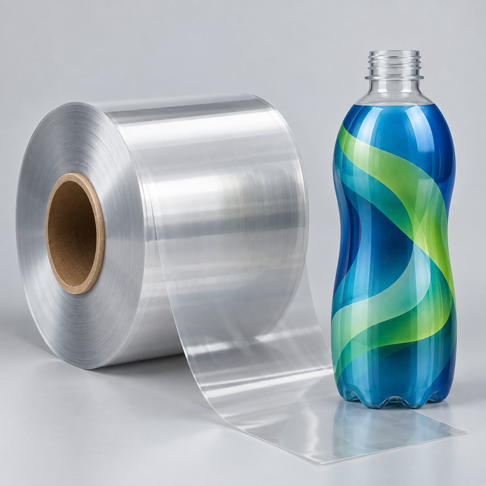 Cuộn màng co PETG bên cạnh chai có nhãn sleeve màu xanh