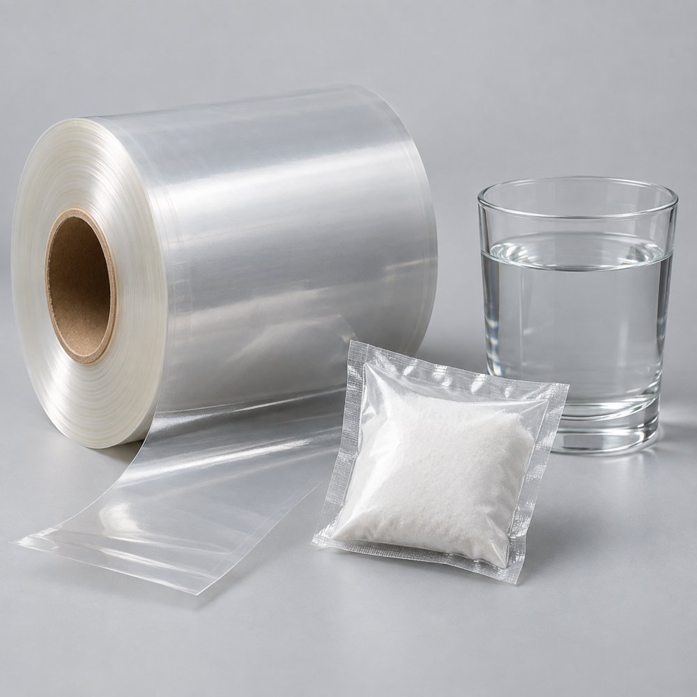 Cuộn màng PVOH và túi định lượng bột bên cạnh cốc nước