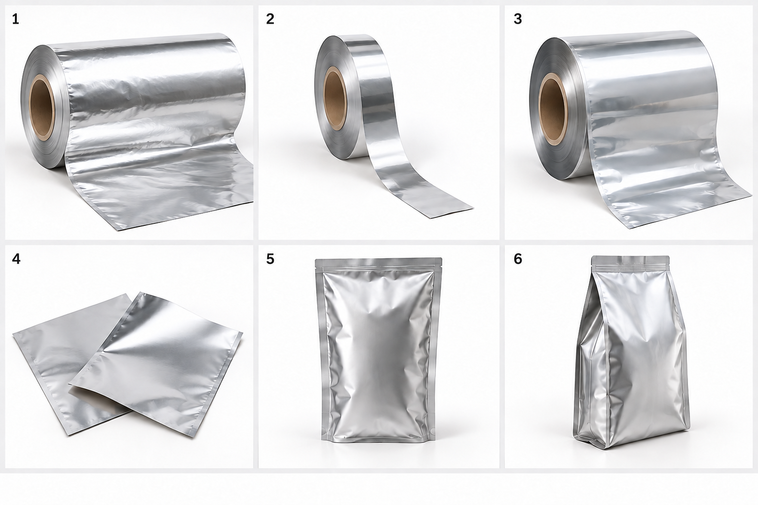 Các dạng nguyên liệu và ứng dụng: foil khổ rộng, foil khổ hẹp, cuộn MPET, túi phẳng màu bạc, túi hàn biên và túi hông xếp