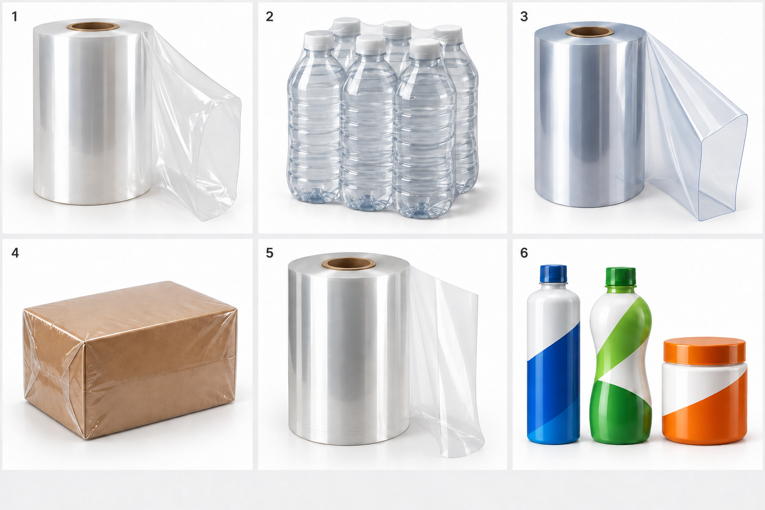 Sáu hình nhận diện màng co: cuộn PE, lốc chai bọc PE, cuộn PVC gấp đôi, hộp bọc co, cuộn PETG và nhãn sleeve trên chai lọ