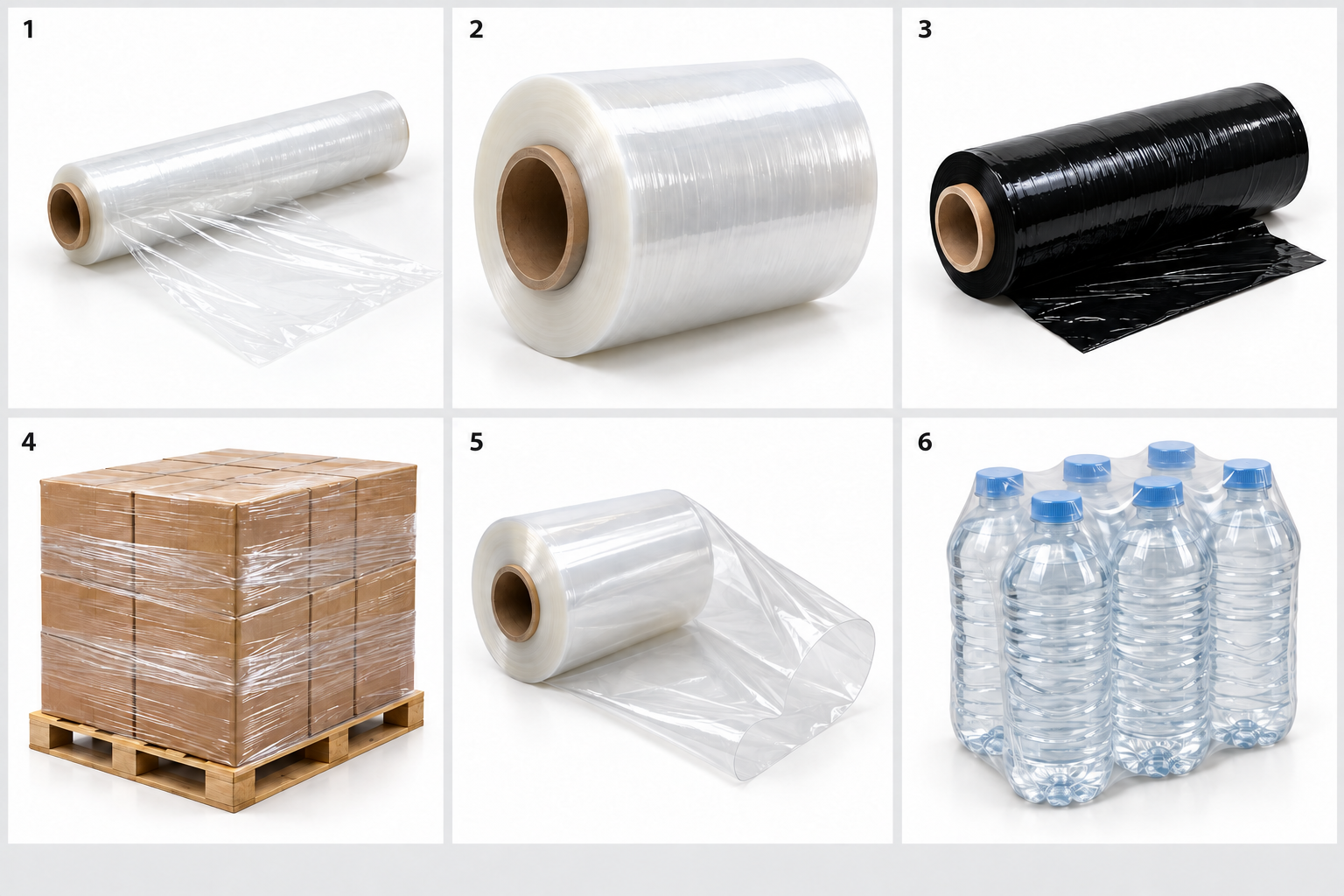 Sáu mẫu nhận diện: màng quấn tay, quấn máy, màng đen, pallet quấn màng, màng co PE dạng cuộn và lốc chai bọc co