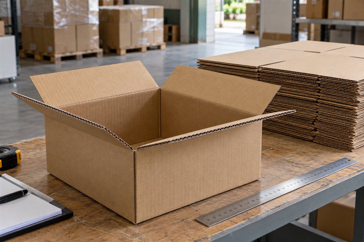 Thùng carton mở nắp cạnh thước đo và chồng phôi carton trong khu kiểm tra
